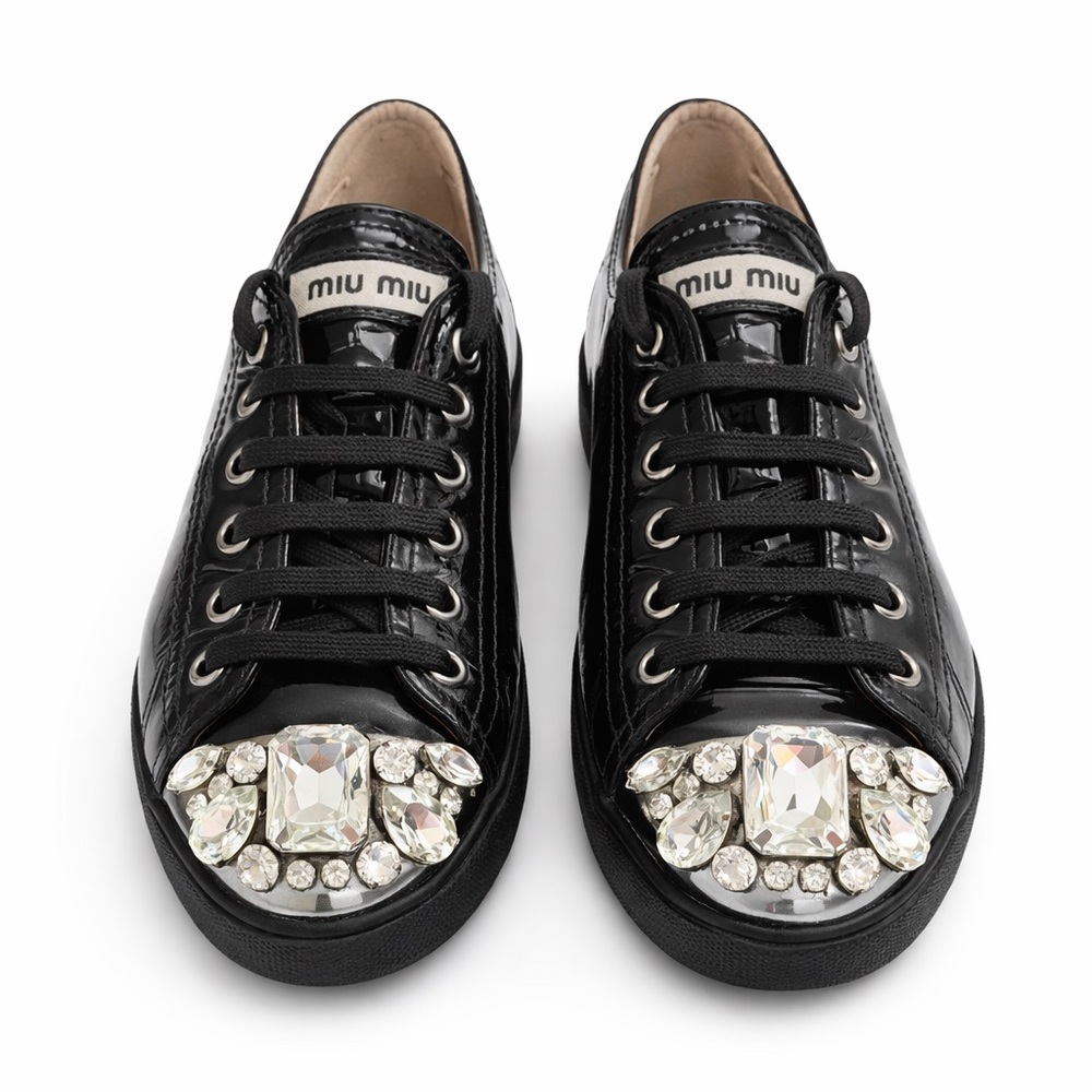 Miu Miu Crystal Toe Patent Leather Sneakers EU 36.5 Black Lace Up Luxury - Picture 3 of 9
